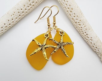 Yellow Sea Glass Star Fish Earrings, Summer Gift Bridesmaid Gift, Summer Earrings Starfish Sea Glass Jewelry, Beach Jewelry, Ocean Jewelry