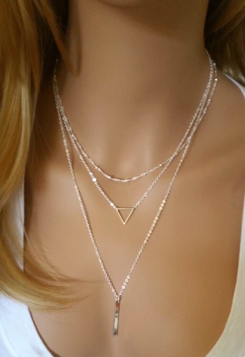 Silver Triangle Necklace, Layered Necklace Set, Bar Necklace, Layering Necklace, Minimalist Necklace, Everyday Necklace, Simple Necklace image 5