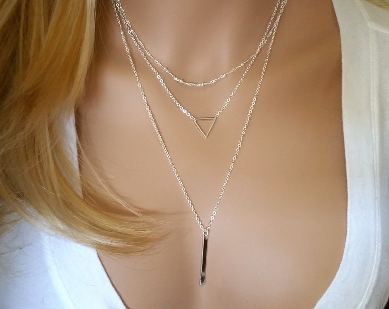 Silver Triangle Necklace, Layered Necklace Set, Bar Necklace, Layering Necklace, Minimalist Necklace, Everyday Necklace, Simple Necklace image 1