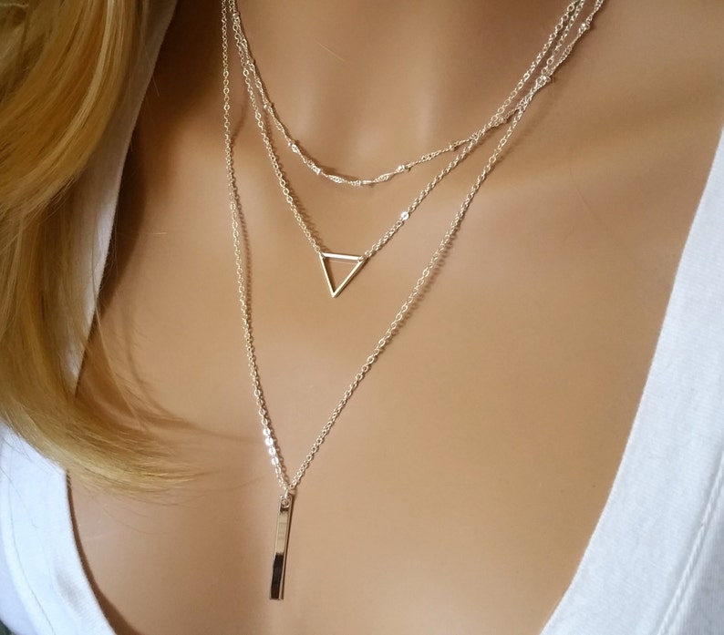 Silver Triangle Necklace, Layered Necklace Set, Bar Necklace, Layering Necklace, Minimalist Necklace, Everyday Necklace, Simple Necklace image 4