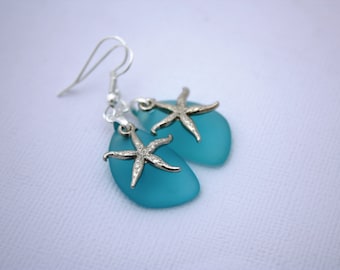 Aqua Sea Glass Earrings, Star Fish Starfish Earrings, Seaglass Earrings, Starfish Jewelry, Sea Glass Jewelry Beach Jewelry, Seaglass Jewelry