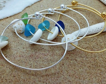 Shell Bangle, Sea Glass Bangle, Puka Shell Bangle, Hawaiian Jewelry Sea Glass Jewelry Sea Glass Bracelet Sea Glass Bangle Hawaii Jewelry