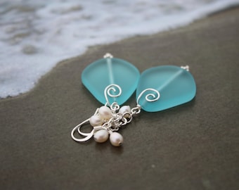 Blue Sea Glass Earrings, Seaglass Earrings, Sea Glass Jewelry, Wedding Earrings, Bridal Earrings, Bridesmaid Beach Jewelry, Seaglass Jewelry