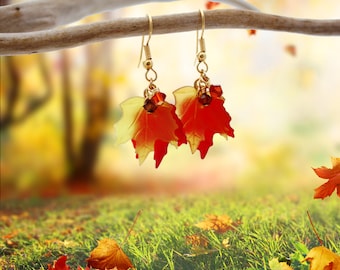 Esdoornbladoorbellen, herfstsieraden, herfstbruiloft, natuursieraden, herfstoorbellen, herfst hangoorbellen, bosoorbellen rode herfstoorbellen