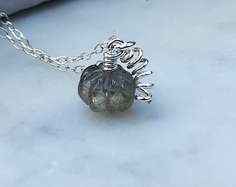 Labradorite Gemstone Necklace, Pumpkin Necklace, Halloween Jewelry, Autumn Jewelry Thanksgiving Jewelry, Hostess Gifts, Gift for Her