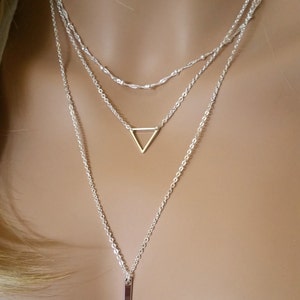 Silver Triangle Necklace, Layered Necklace Set, Bar Necklace, Layering Necklace, Minimalist Necklace, Everyday Necklace, Simple Necklace image 2