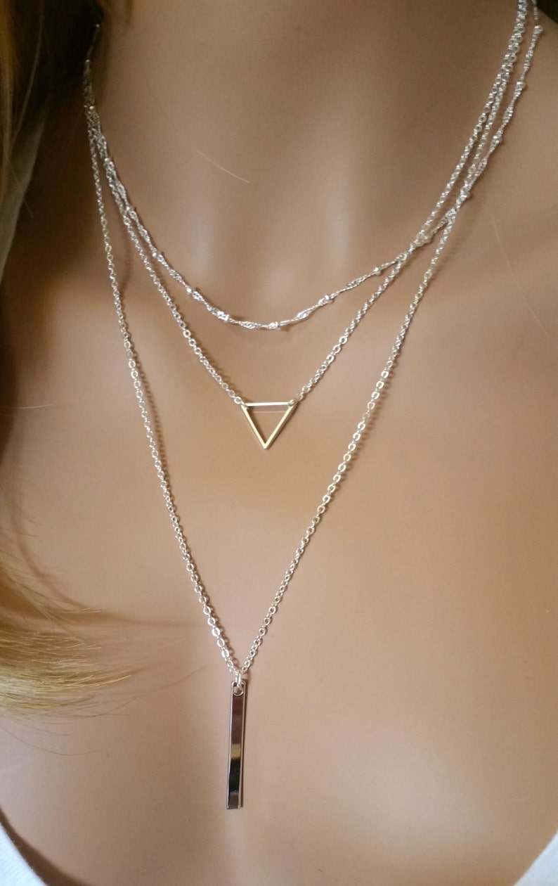 Silver Triangle Necklace, Layered Necklace Set, Bar Necklace, Layering Necklace, Minimalist Necklace, Everyday Necklace, Simple Necklace image 2