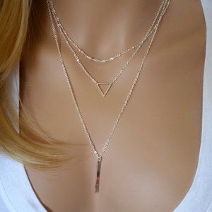 Silver Triangle Necklace, Layered Necklace Set, Bar Necklace, Layering Necklace, Minimalist Necklace, Everyday Necklace, Simple Necklace image 3