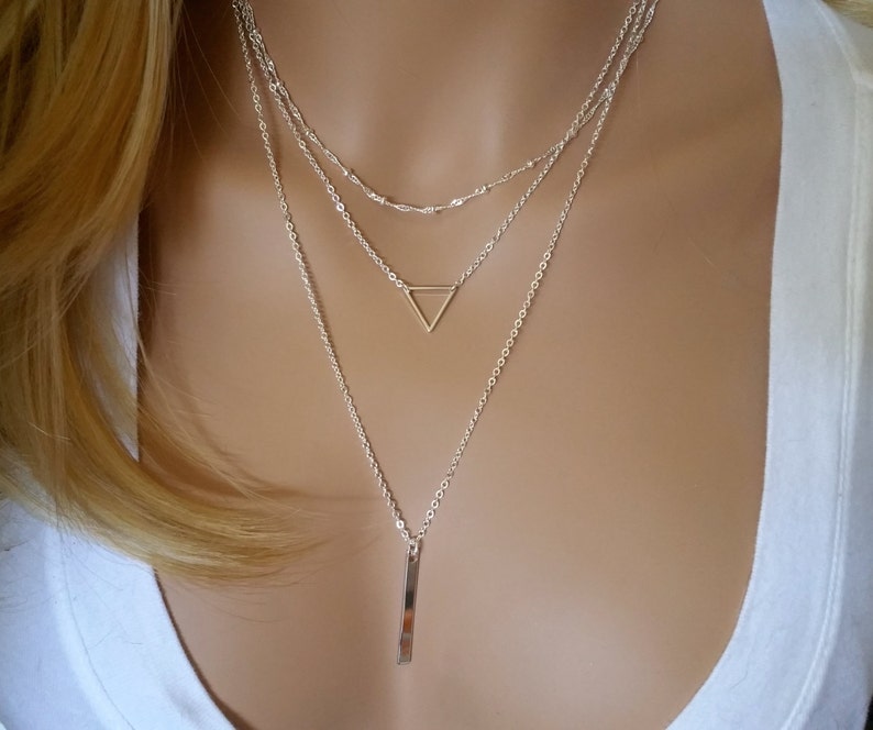 Silver Triangle Necklace, Layered Necklace Set, Bar Necklace, Layering Necklace, Minimalist Necklace, Everyday Necklace, Simple Necklace image 3