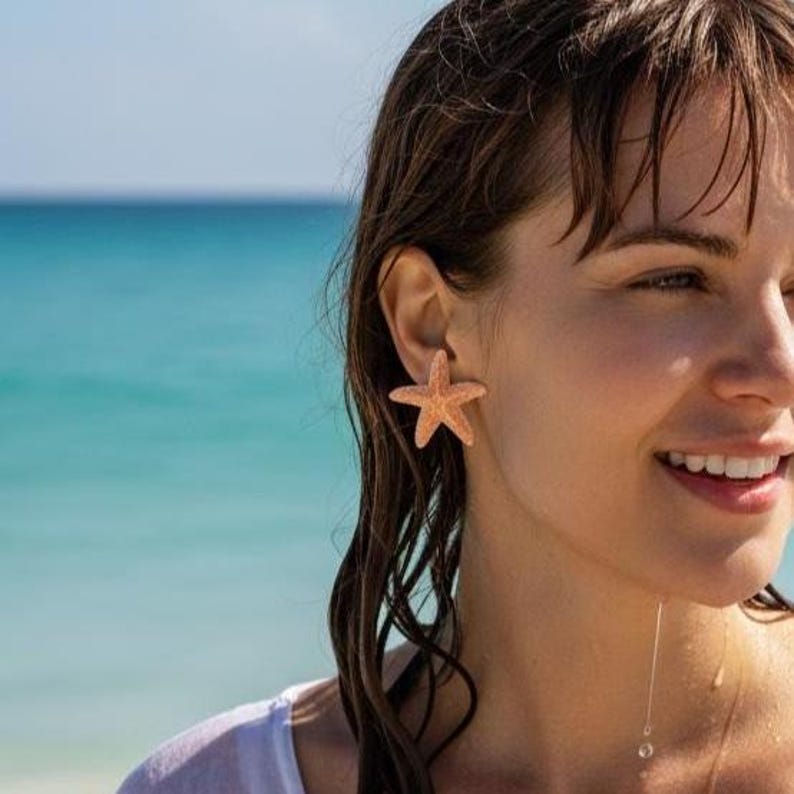 Pendientes de estrella de mar y aguamarina, pendientes de estrella de mar, joyas de estrella de mar, boda en la playa, pendientes de sirena Ariel, joyería de sirena, estilo náutico imagen 9