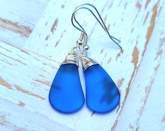Sapphire Sea Glass Earrings, Hawaiian Jewelry, Sea Glass Jewelry Gift for Her Beach Jewelry Bridal Jewelry Beach Wedding Bridesmaid Earrings