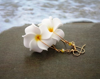 White Flower Earrings Plumeria, Frangipani Floral Earrings, Hawaii Jewelry Hawaiian Jewelry, Tropical Flower, Flower Jewelry, Floral Jewelry
