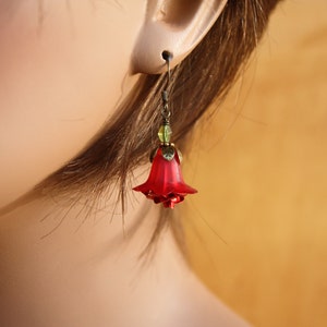 May include: Red flower shaped dangle earrings with green and brown accents.