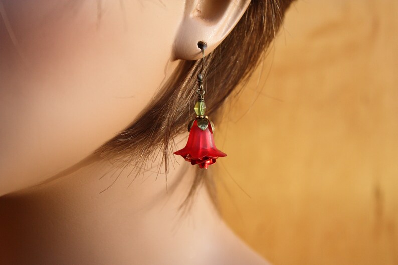 May include: Red flower shaped dangle earrings with green and brown accents.