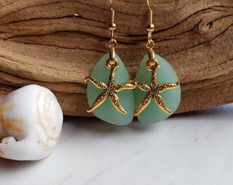 Jade Green Sea Glass Earrings, Star Fish Starfish Earrings, Seaglass Earring Starfish Jewelry, Sea Glass Jewelry Beach Jewelry Ocean Jewelry