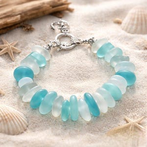 Aqua Sea Glass Charm Bracelet - Beach Charm Bracelet - Ocean Glass Bracelet - Sea Glass Bracelet - Sea Foam Jewelry - Beach Lover Jewelry