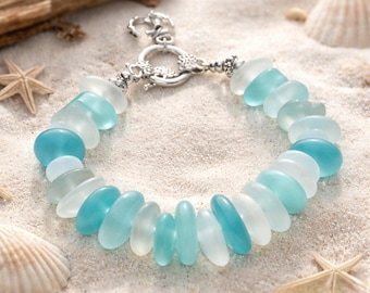 Aqua Sea Glass Charm Bracelet - Beach Charm Bracelet - Ocean Glass Bracelet - Sea Glass Bracelet - Sea Foam Jewelry - Beach Lover Jewelry