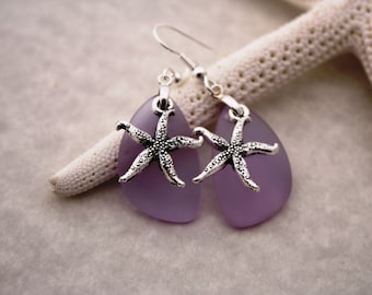 Purple Sea Glass Earrings, Star Fish Starfish Earrings, Seaglass Earrings, Starfish Jewelry Sea Glass Jewelry Beach Jewelry Seaglass Jewelry