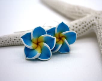 Blue Flower Earrings, Floral Earrings, Tropical Earring, Blue Earrings, Plumeria Earrings, Flower Jewelry, Hawaiian Jewelry, Hawaii Jewelry