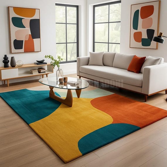 Mid-Century Modern Rug, Geometric Color Block, Teal, Mustard, Orange