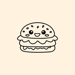 Peut inclure: Illustration en noir et blanc d'un hamburger souriant. Le burger a un pain aux graines de sésame, une galette et d'autres garnitures. Le burger a un visage joyeux avec de grands yeux et une bouche souriante.