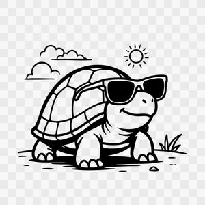 Può includere: Illustrazione di un cartone animato in bianco e nero di una tartaruga con occhiali da sole. La tartaruga sorride ed è raffigurata con un sole e delle nuvole sullo sfondo. La tartaruga è a terra con l'erba.