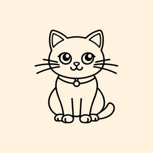 Könnte beinhalten: Schwarz-weiße Cartoon-Illustration einer sitzenden Katze. Die Katze hat große Augen, Schnurrhaare und ein Halsband mit einem kleinen Anhänger. Der Hintergrund ist einfarbig hellbeige.