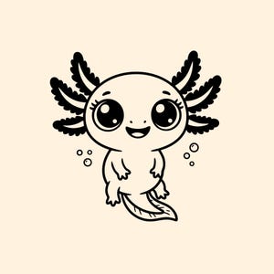 以下が含まれることがあります： 白黒の漫画イラストのアホロートル。アホロートルは、大きく表現力豊かな目、羽のようなえら、そして笑顔の口をしています。泡がアホロートルの周りを漂っており、クリーム色の背景に対してシンプルでクリーンなスタイルで描かれています。