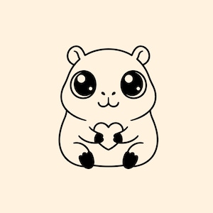 May include: A black and white cartoon illustration of a cute hamster holding a heart. The hamster has large, round eyes and small ears. The background is a solid, light beige color.