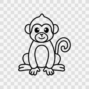 May include: A black and white cartoon illustration of a monkey in a sitting position. The monkey has large eyes, a small nose, and a curved tail. The monkey's body is outlined in black.