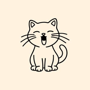 May include: A black and white cartoon illustration of a cat with its mouth open in a yawn or a meow. The cat is sitting with its tail curved and whiskers extending from its face. The background is a solid light beige color.