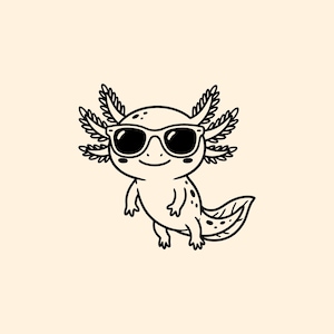 May include: A black and white cartoon axolotl wearing sunglasses. The axolotl has feathery gills, a spotted tail, and is smiling. The image is a simple line drawing on a cream-colored background.