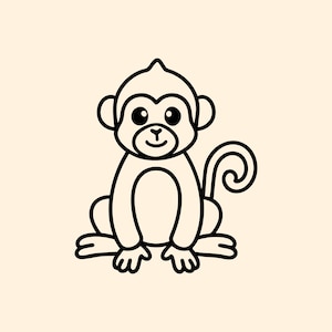May include: A black and white cartoon illustration of a monkey in a seated position. The monkey features large eyes, a small smile, and a curled tail. The background is a solid, light beige colour.