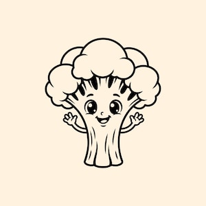 May include: A black and white cartoon illustration of a smiling broccoli character with arms raised in a welcoming gesture. The broccoli has a friendly face with large eyes and a happy expression, set against a light beige background.