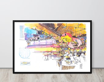Póster enmarcado de Tokio, Japón (30,5 x 45,7 cm, 61 x 91,4 cm) / Arte mural de Shinjuku Kabukicho / Decoración de bocetos urbanos / Ilustración de paisaje urbano japonés