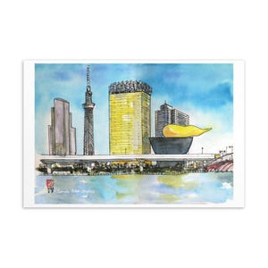 May include: Watercolor print of the Sumida River skyline in Tokyo, Japan. The artwork features several buildings, including the Tokyo Skytree, a yellow building, and a structure with a golden flame. The Sumida River is in the foreground.