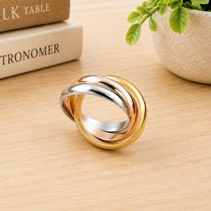 Tri-Color Interlocking Bands, Sterling Silver Rolling Ring, Mixed Metal Ring, Rustic Wedding Promise Gift