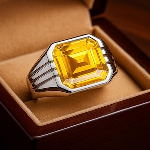 Könnte beinhalten: Ein silberner Ring mit einem großen, rechteckigen, gelben Edelstein. Der Ring hat ein silbernes Band mit rechteckiger Fassung und parallelen Linien an den Seiten. Präsentationsbox aus braunem Holz.