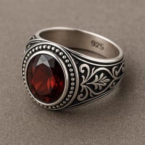 Anillo de diseño con granate rojo: plata de ley 925, anillo con piedra preciosa de corte ovalado, banda llamativa para hombre