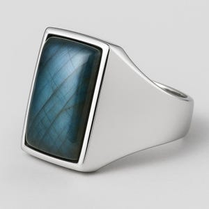 Baguette Labradorit Ring: 925 Sterling Silber, Cabochon Edelstein Schmuck, Herren Statement Ring
