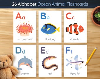 Ocean Animal Alphabet Flashcards for Kids – A to Z Printable ABC Cards, ABC Educational Tools for Preschool & Toddlers, Digital Download