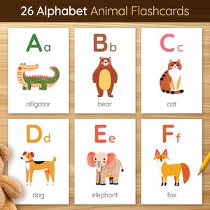 Landdieren-alfabet-flashcards voor kinderen – Afdrukbare ABC-kaarten van A tot Z, Educatieve ABC-hulpmiddelen voor kleuters en peuters, digitale download