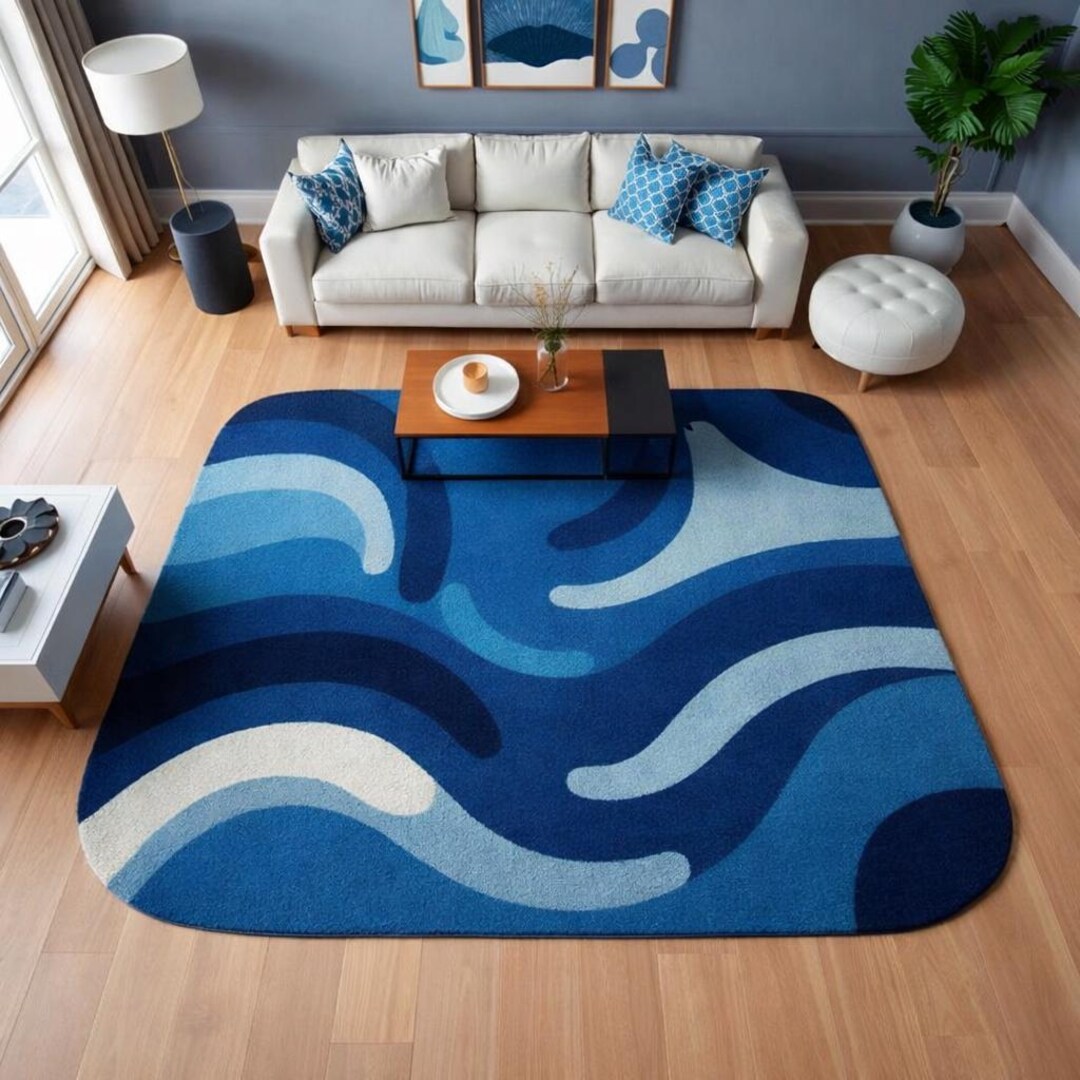 Blue Abstract Area Rug, Modern Wave Shape Rug, Hand Tufted Wool Carpet ...