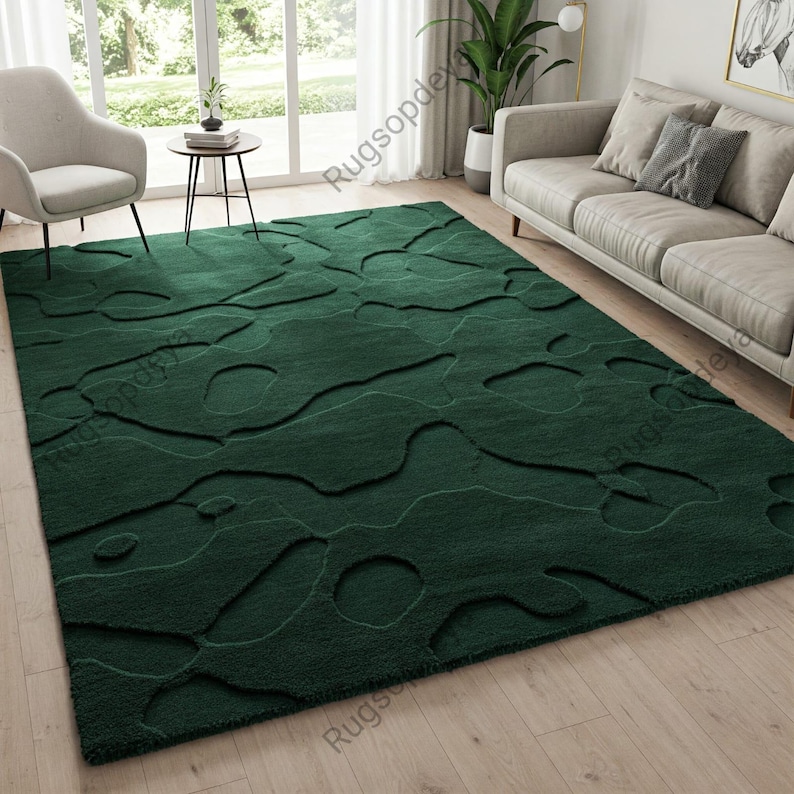Dark Green Abstract Wool Rug, Hand Tufted Textured Modern Area Rugs for ...