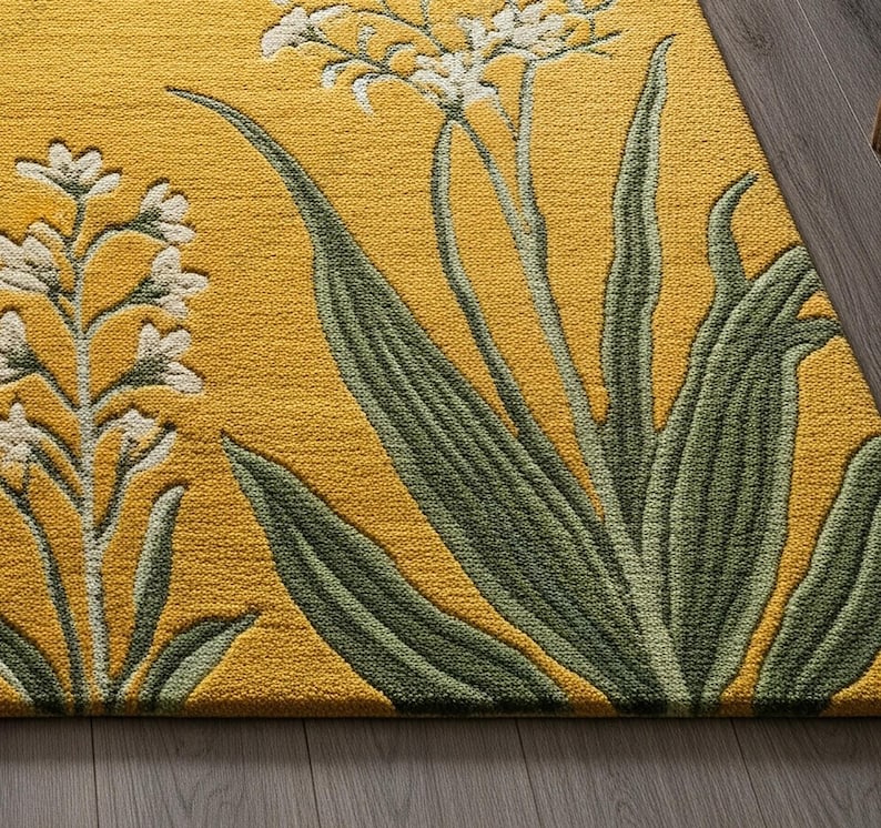 Yellow Green Botanical Wool Rug, Hand Tufted Floral Bird Rugs for ...