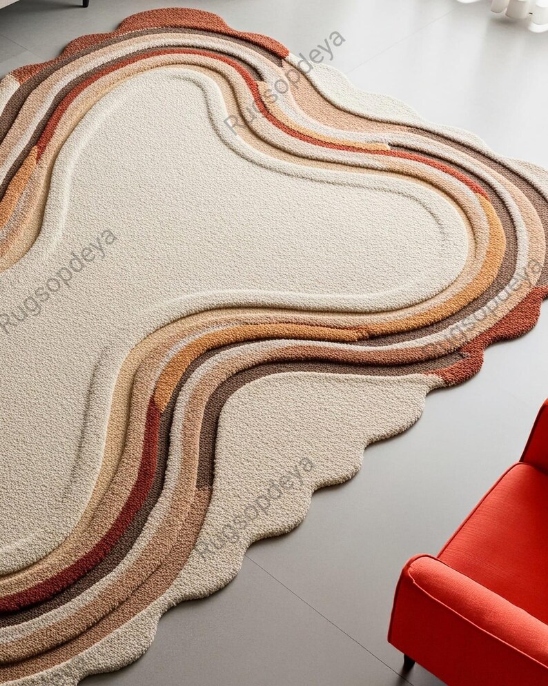 Wavy Edged Rug Cream Beige Wavy Wool Rug, Hand Tufted Abstract Scalloped Rugs for ...