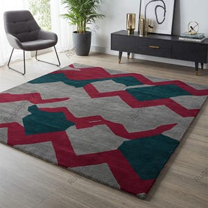 Grey, Red Teal Hand Tufted Geometric Wool Living Room Rug, Modern Dynamic Unique Texture 8x10 Bedroom Area Rug, Contemporary Office Carpet