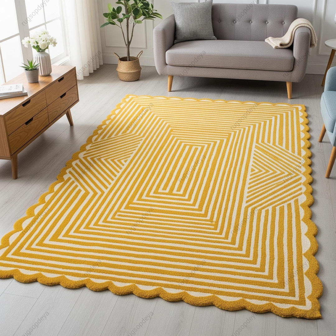 Mustard Yellow Geometric Wool Rug, Hand Tufted Scalloped Area Rugs for ...