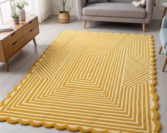 Mustard Yellow Geometric Wool Rug, Hand Tufted Scalloped Area Rugs for Living Room