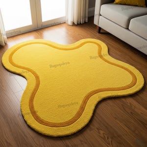 Yellow Organic Hand Tufted Abstract Irregular Shape Wool Rug for Living Room 8x10, Modern Minimalist  Area Bedroom Rug, Custom Handmade Rug